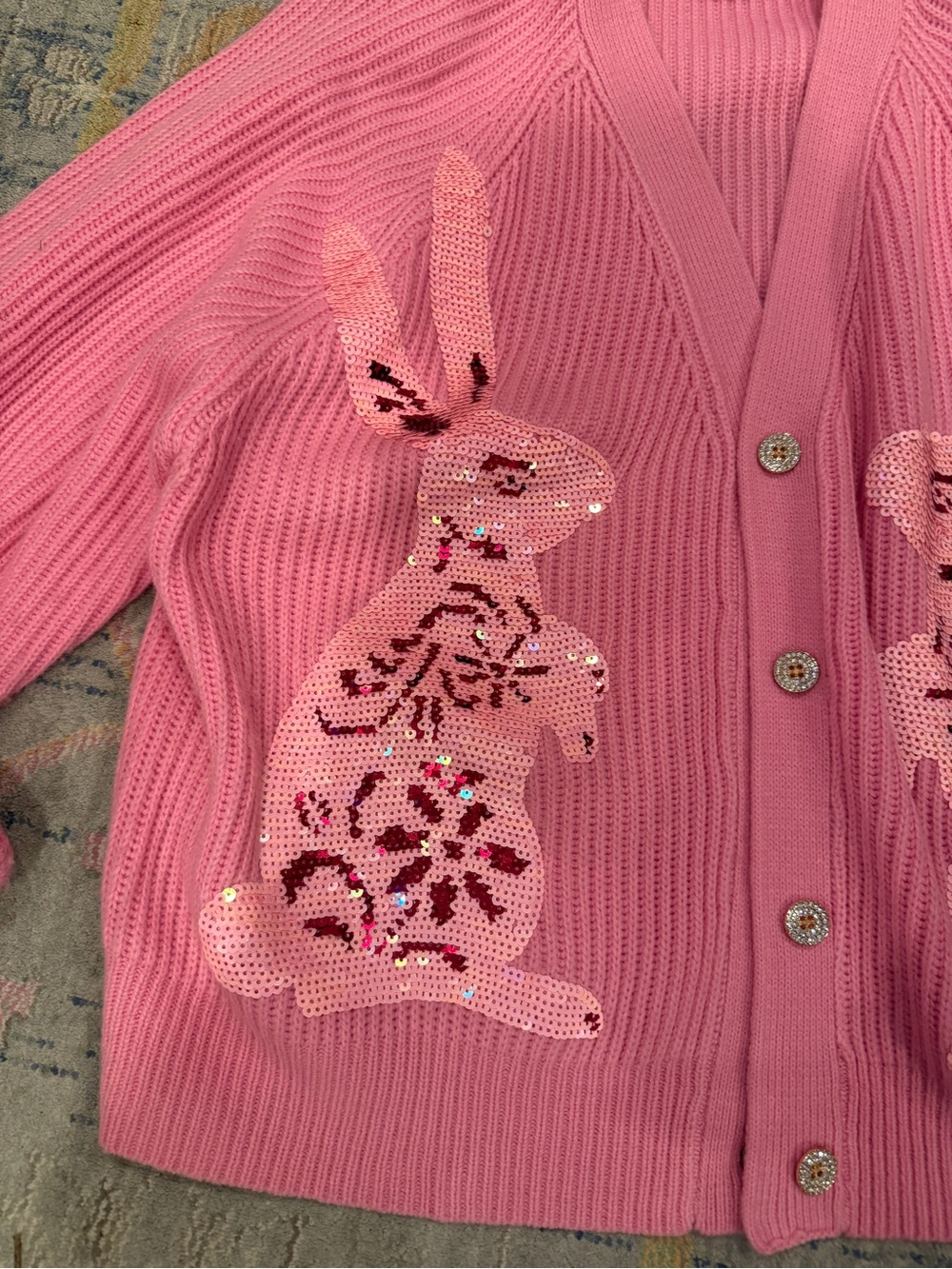 Queen of Sparkles Pink Sequin Bunny Cardigan Small - Picture 4 of 6